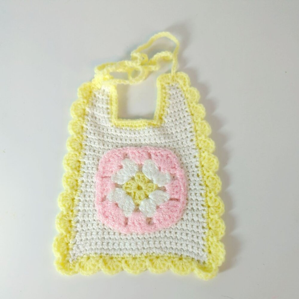 Vintage Handmade Crochet Baby Doll Bib Pastel Yellow White Tie Closure